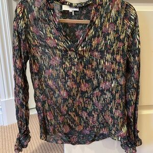 Floral Print and Gold Pleated Long Sleeve Blouse